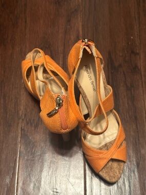 Alexandre Birman | Orange Cross-Strap Cork Wedge Sandals - Size 8.5